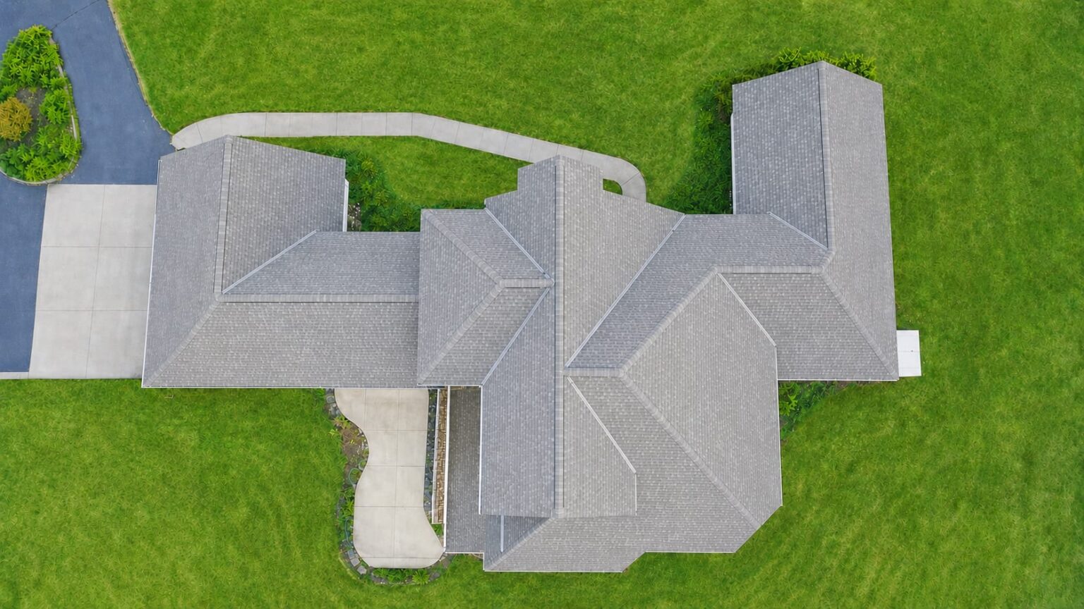 Overhead aerial view of a completed roof replacement in Minnesota