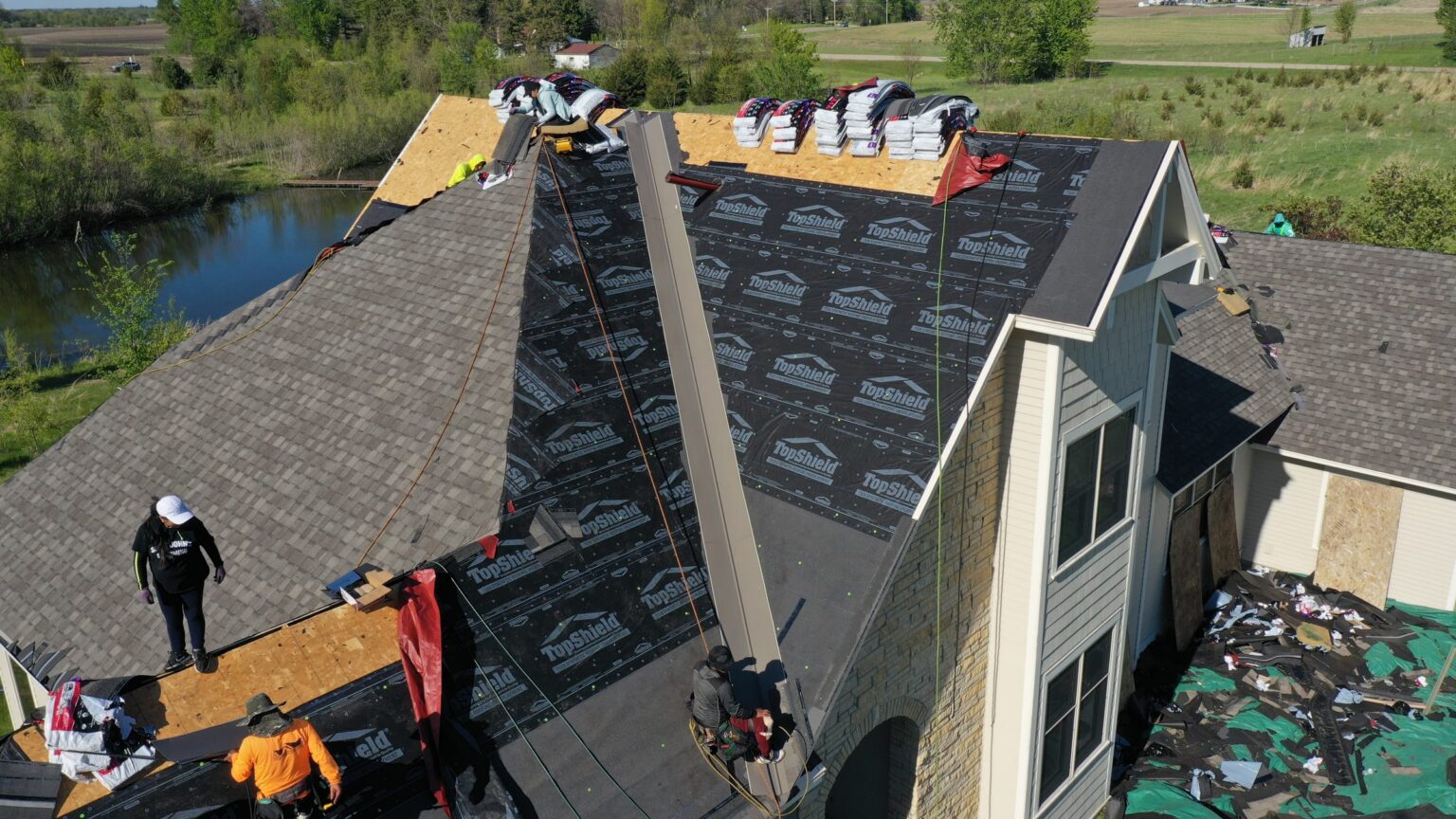 Drone shot of a completed residential re-roof in Minnesota