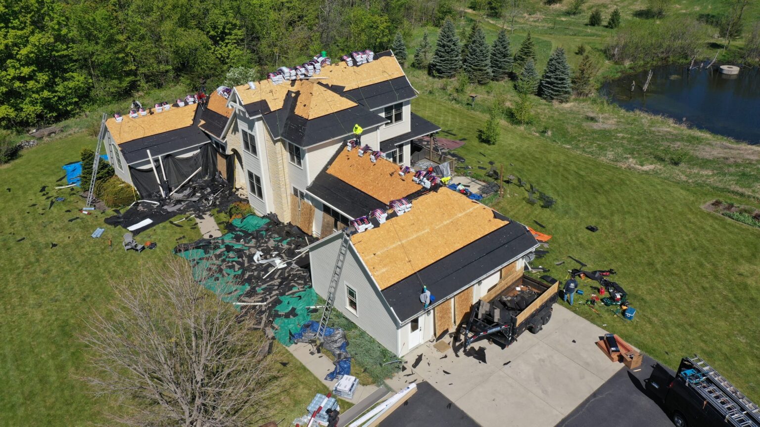 Aerial view of completed roof replacement, Millersburg MN