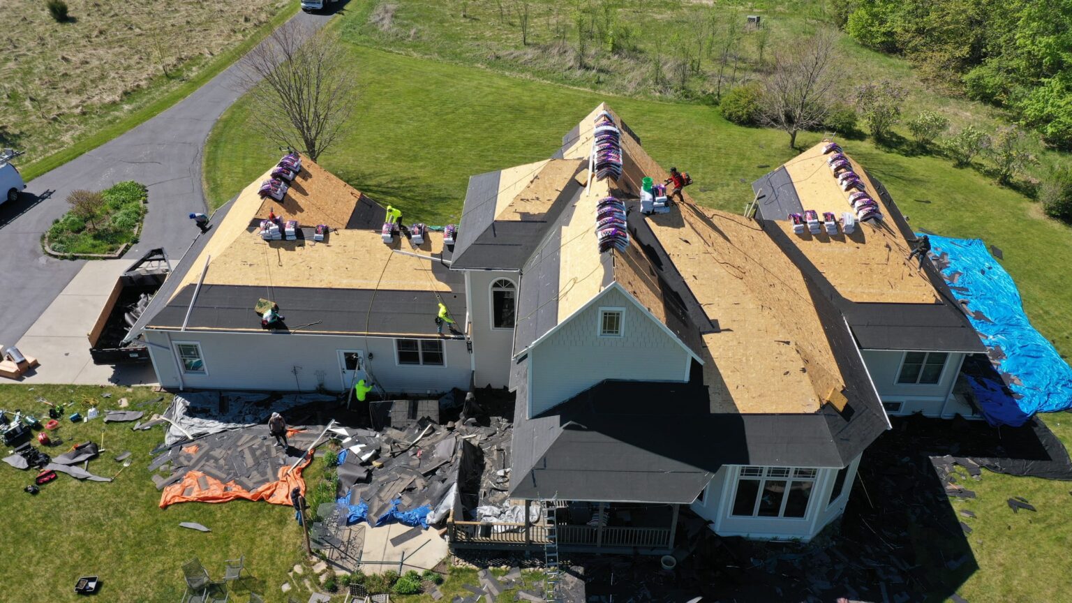 Aerial view of completed roof replacement, Millersburg MN