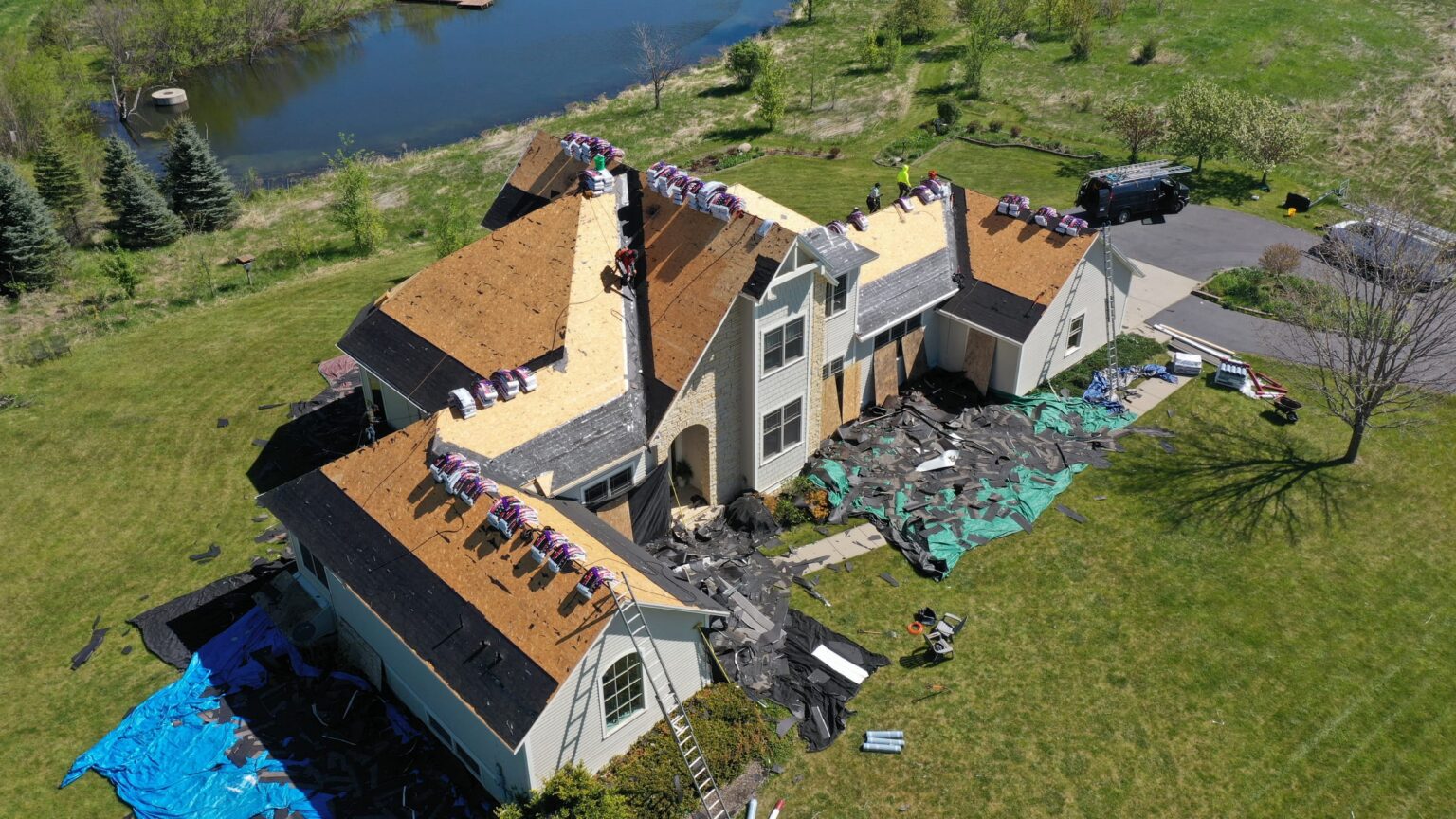 Aerial view of shingle roof replacement, Rice County MN