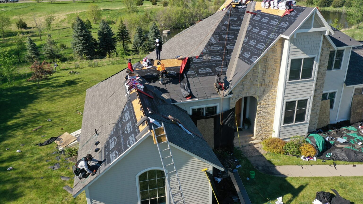 Aerial view of shingle roof replacement, Rice County MN