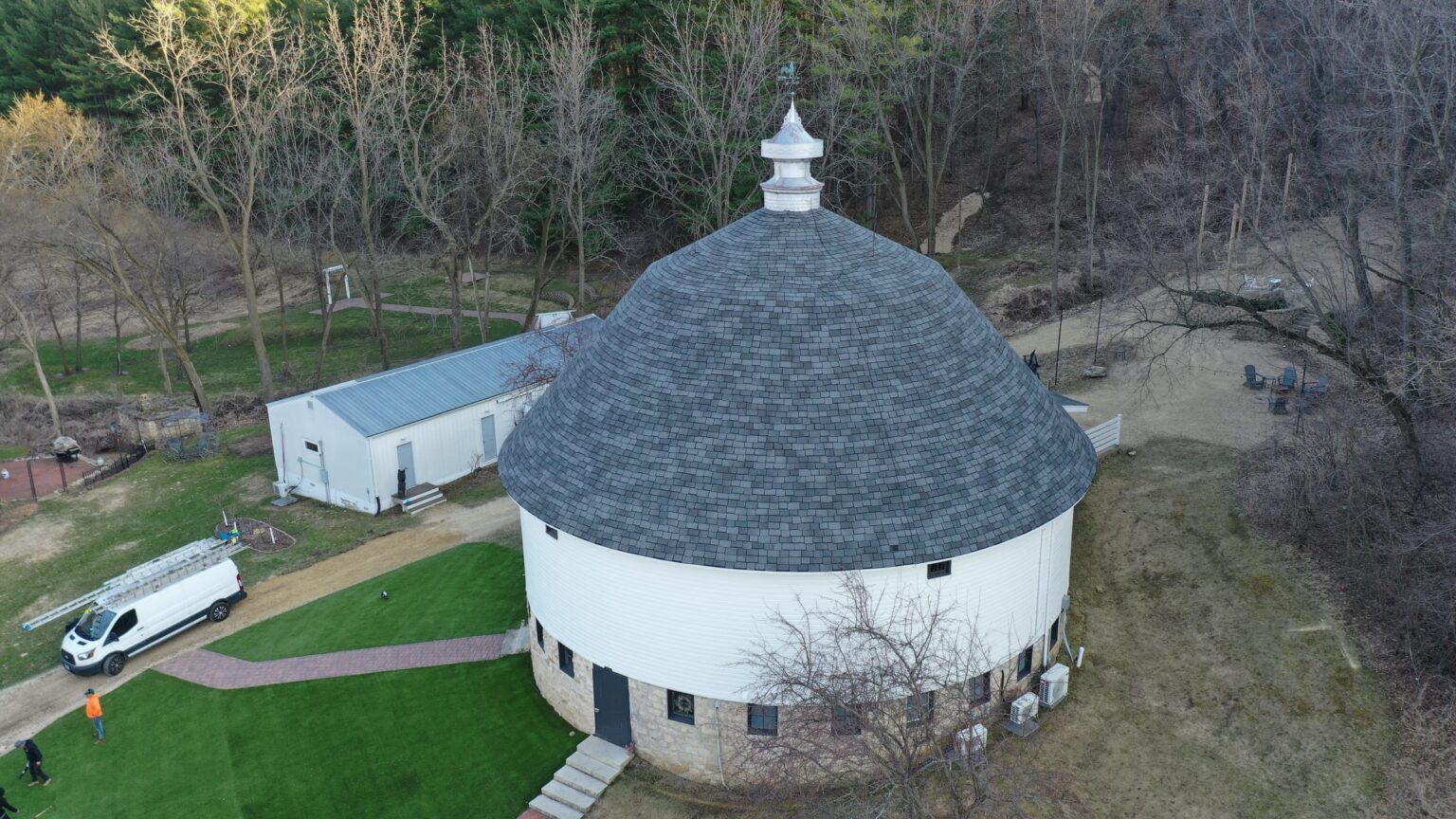Completed round barn roof restoration, aerial drone view, Wacouta MN