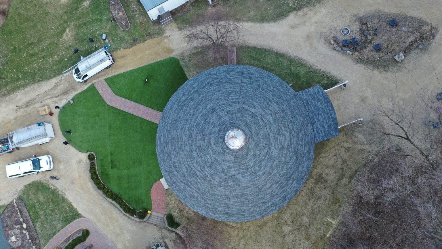 Aerial view of the finished round barn dome roof