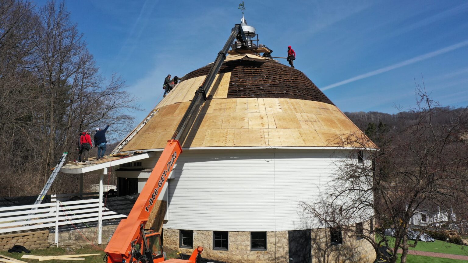 Completed round barn roof, straight overhead drone view