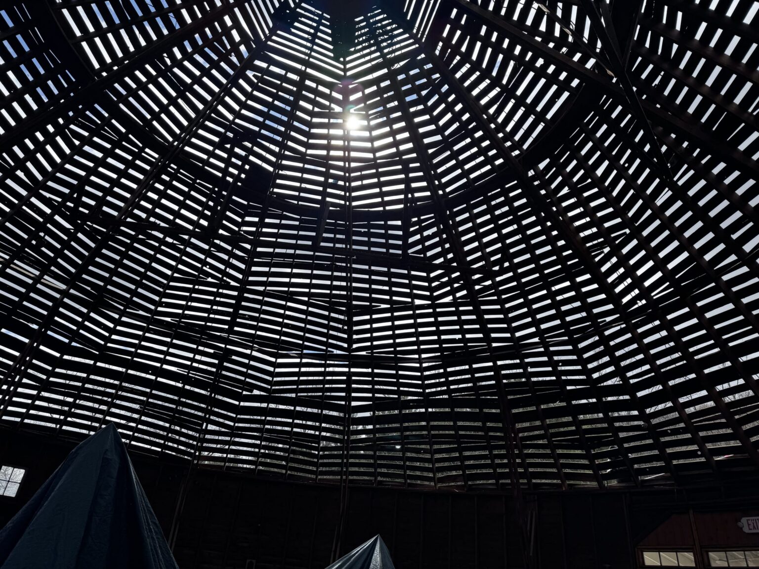Round barn roof restoration progress, Wacouta MN