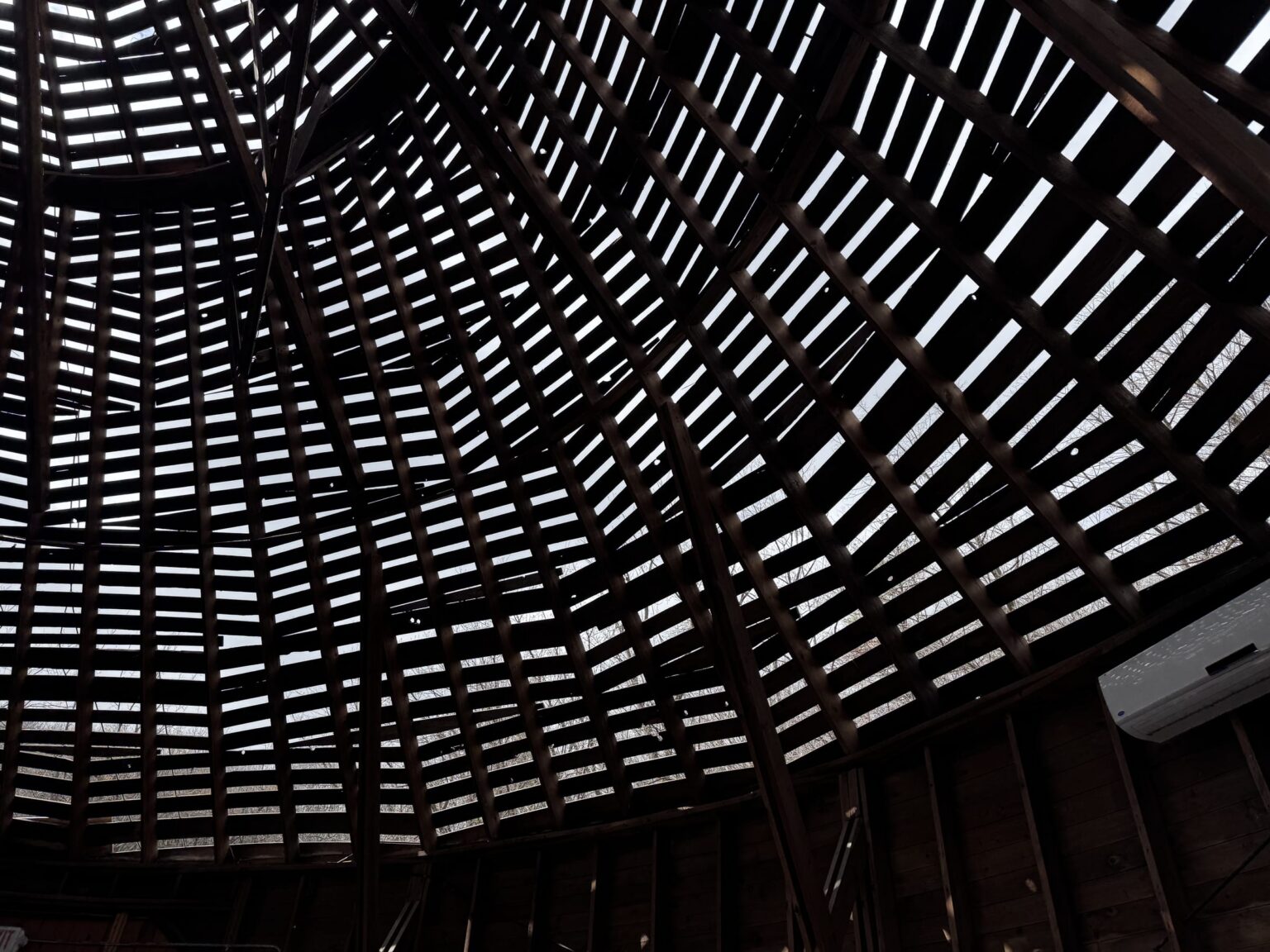 Round barn roof restoration progress, Wacouta MN
