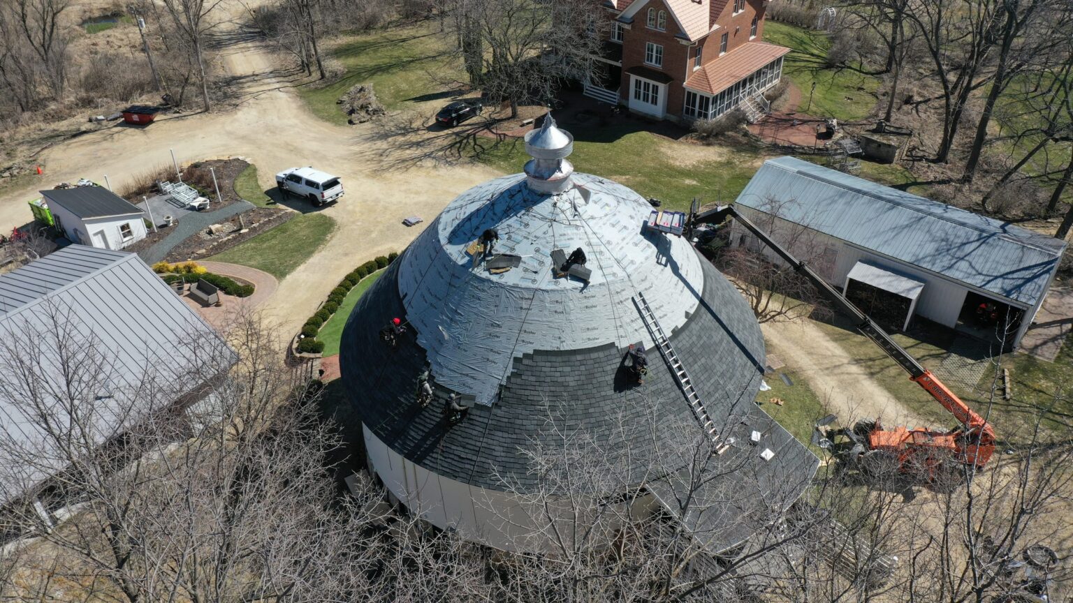 Round barn roofing progress, Wacouta MN